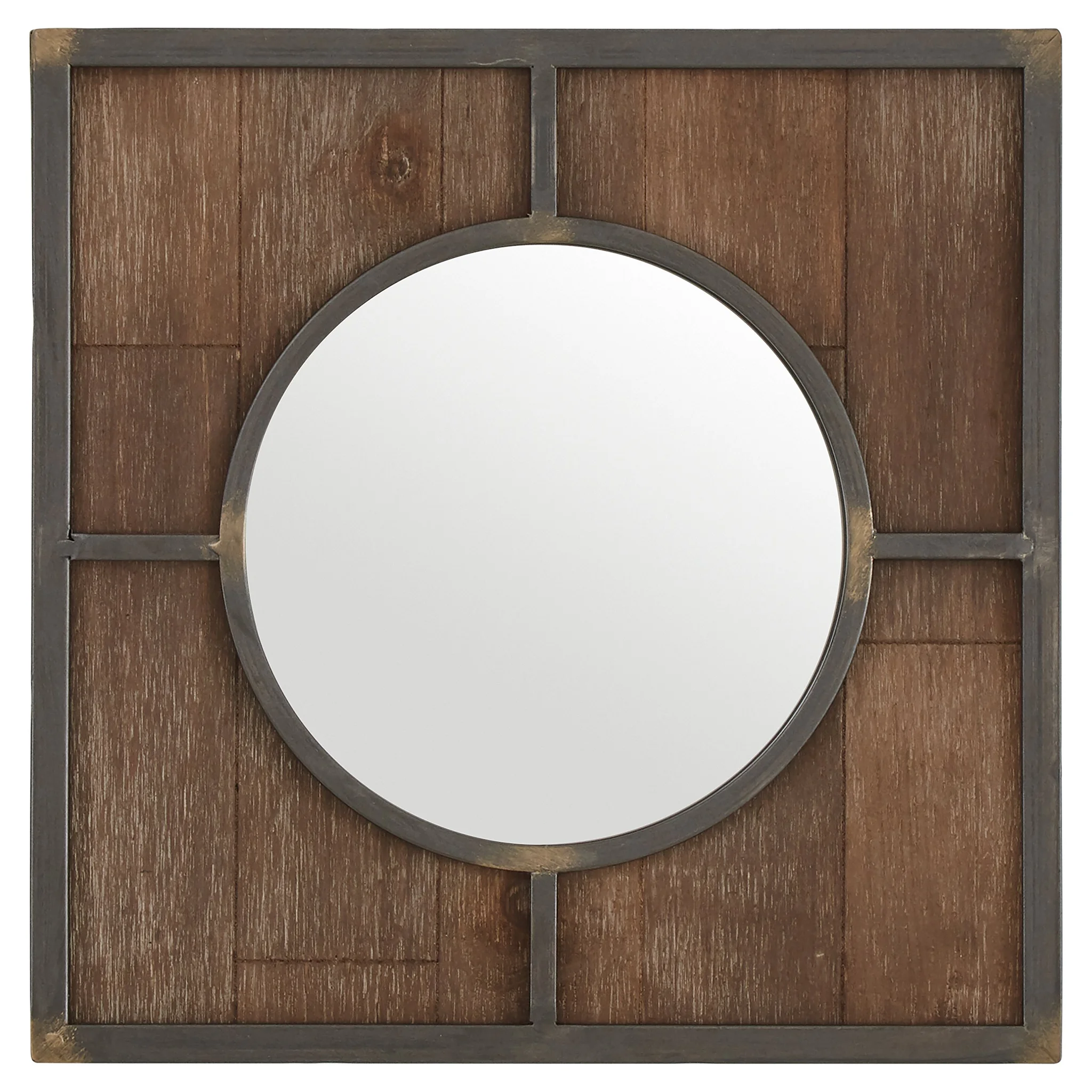 Industrial Rustic Round Wall Mirror with Wood Quadrant Frame