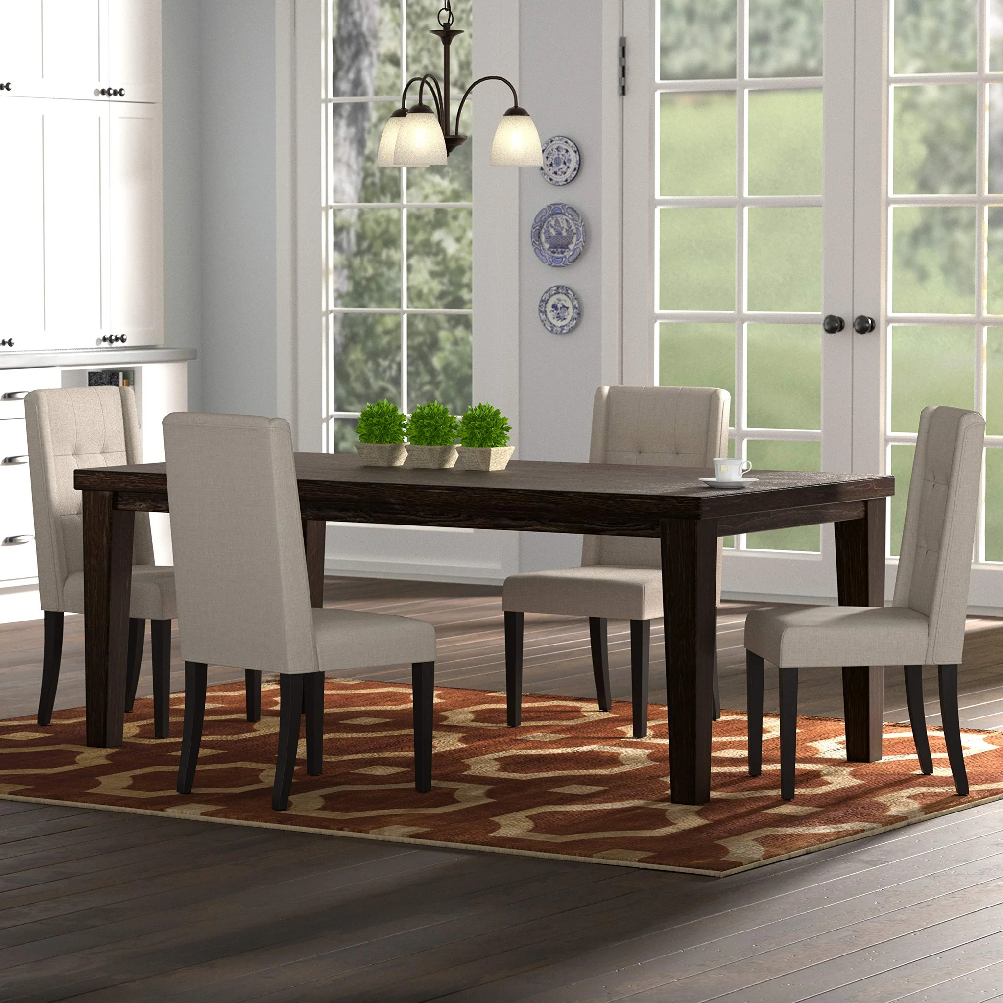 Traditional Dining Room Set with Dark Wood Table and Upholstered Chairs