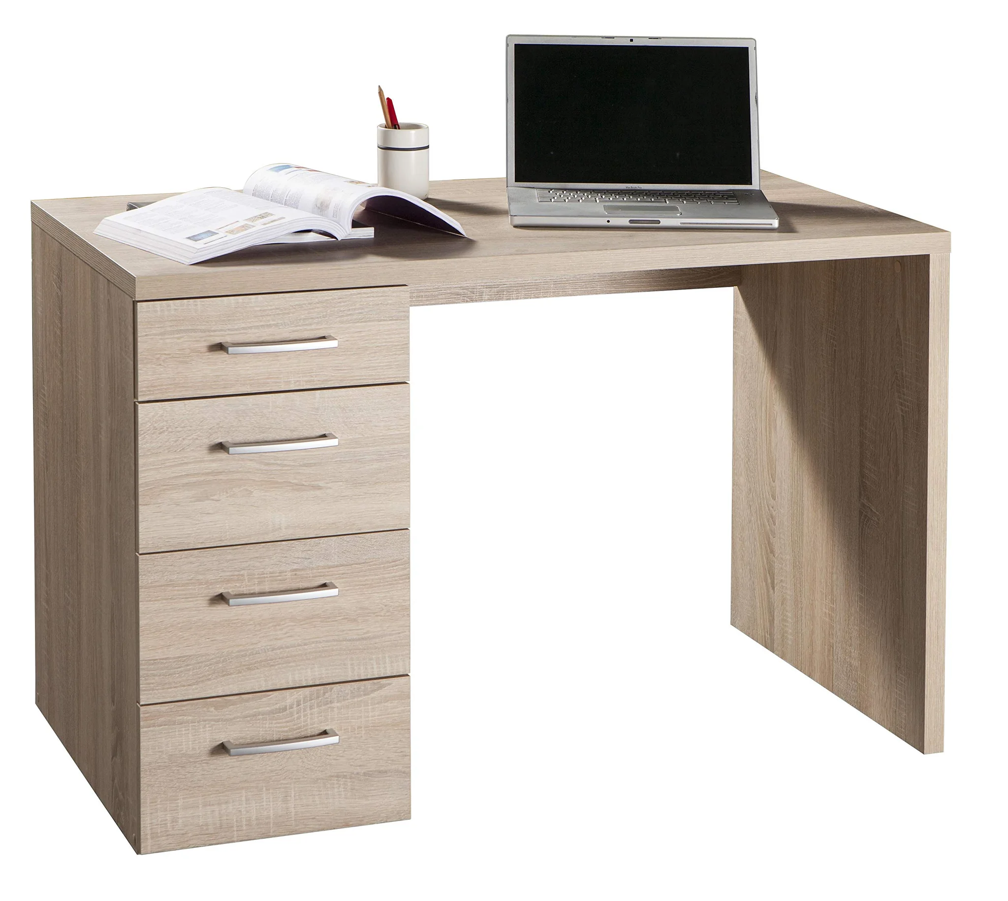 Modern Light Oak Office Desk with 4 Drawers