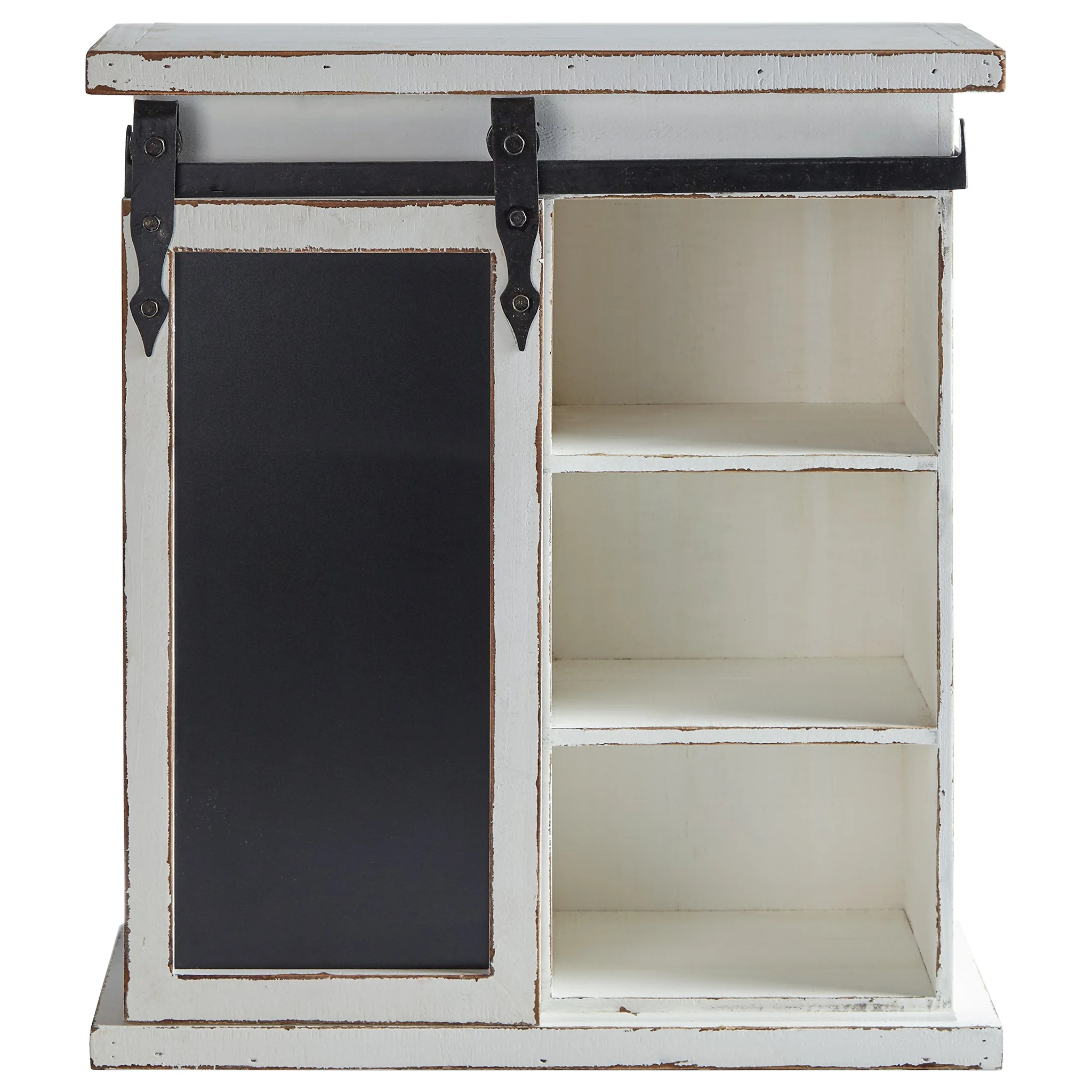 Farmhouse Wood Wall Cabinet with Sliding Chalkboard Door and Open Shelves