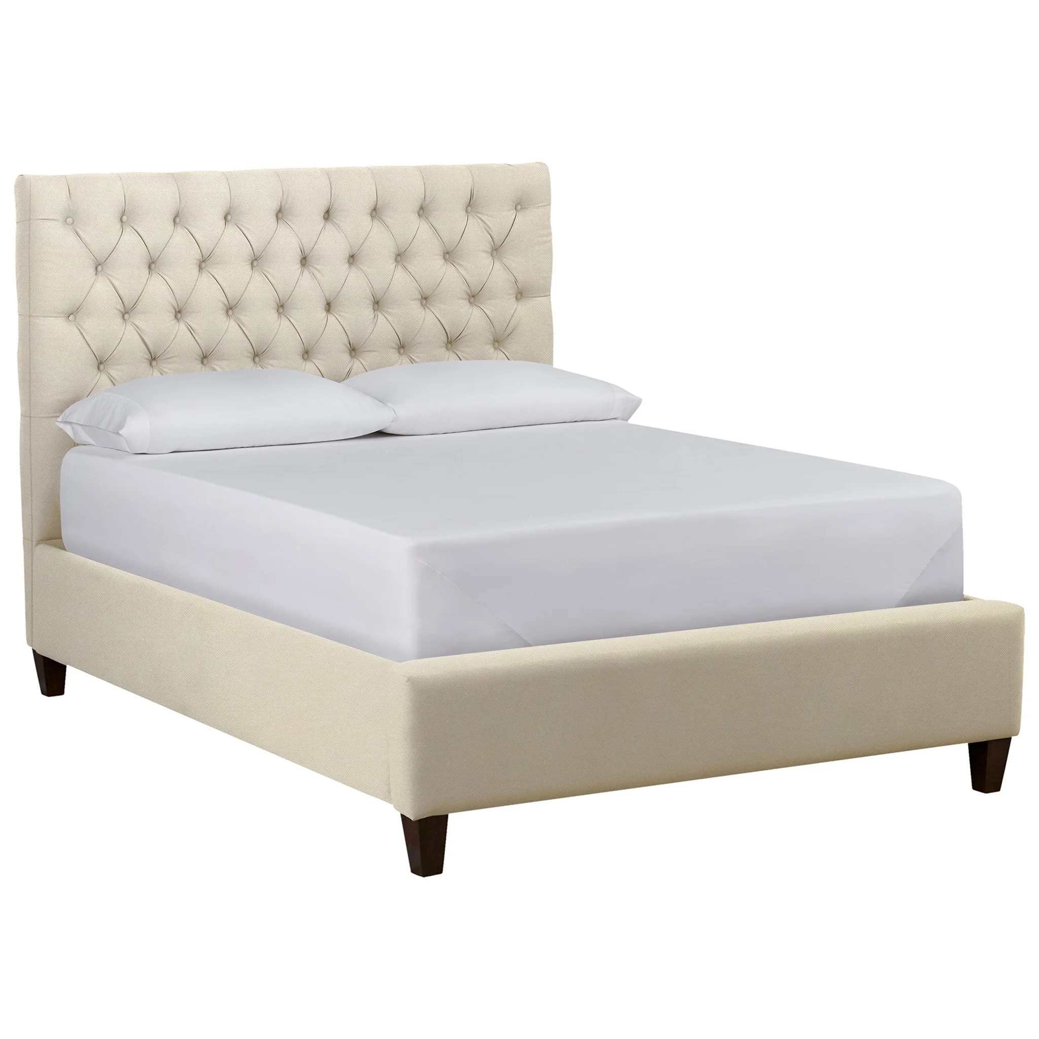 Tufted Upholstered King Bed with Cream Fabric and Dark Wood Legs