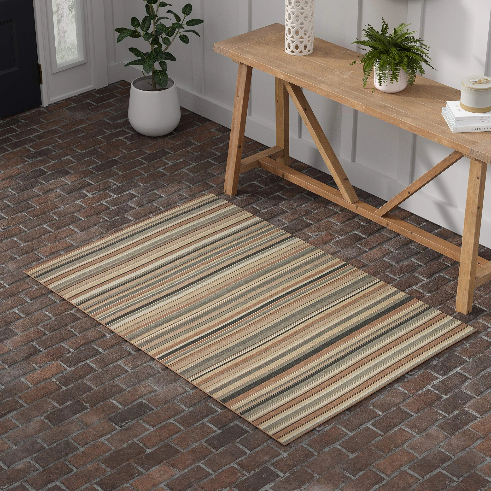 Contemporary Striped Wool Area Rug – Beige Multi-Color 4x6