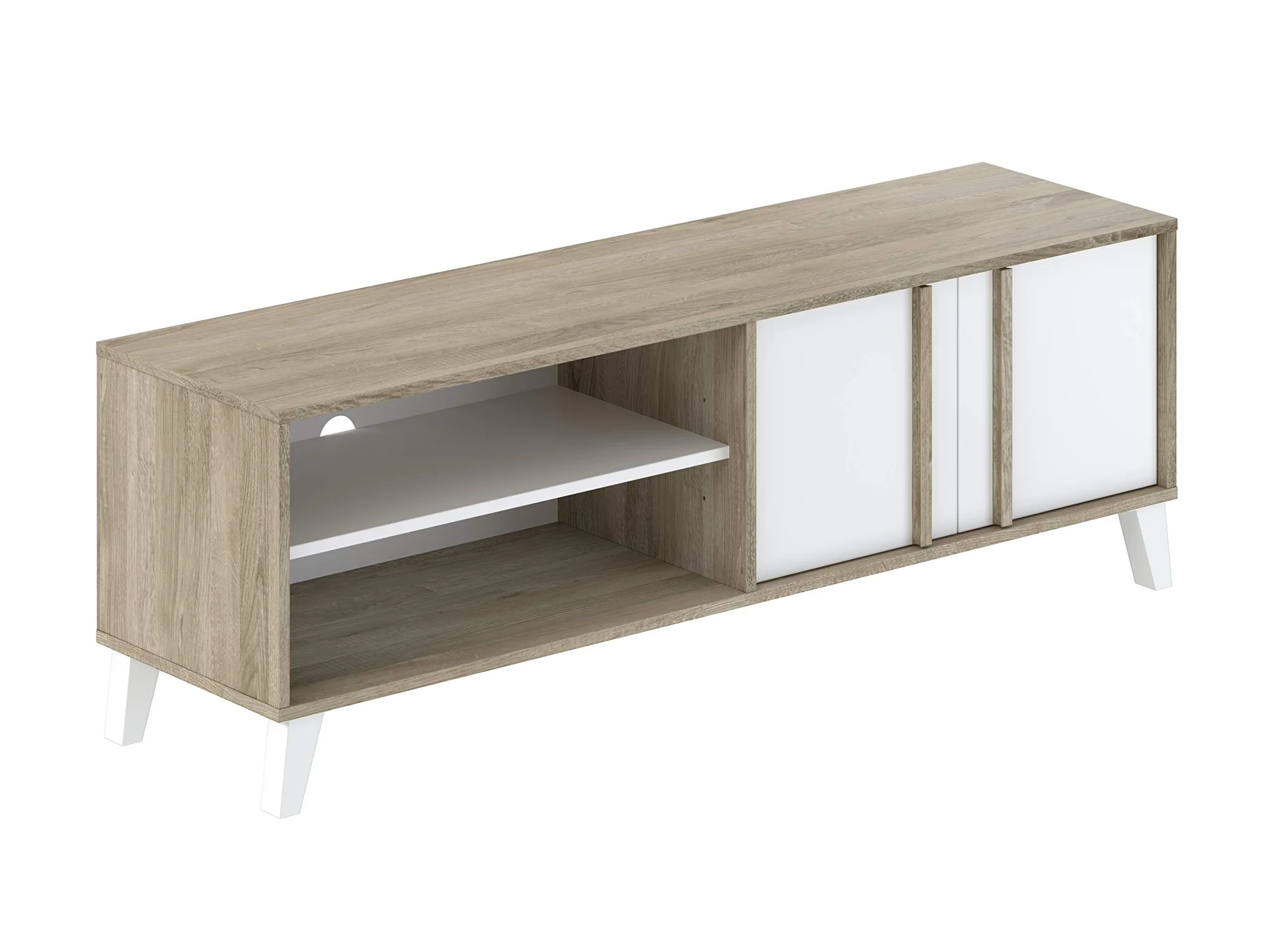 Scandinavian TV Stand with Oak Wood Finish and White Cabinet Doors