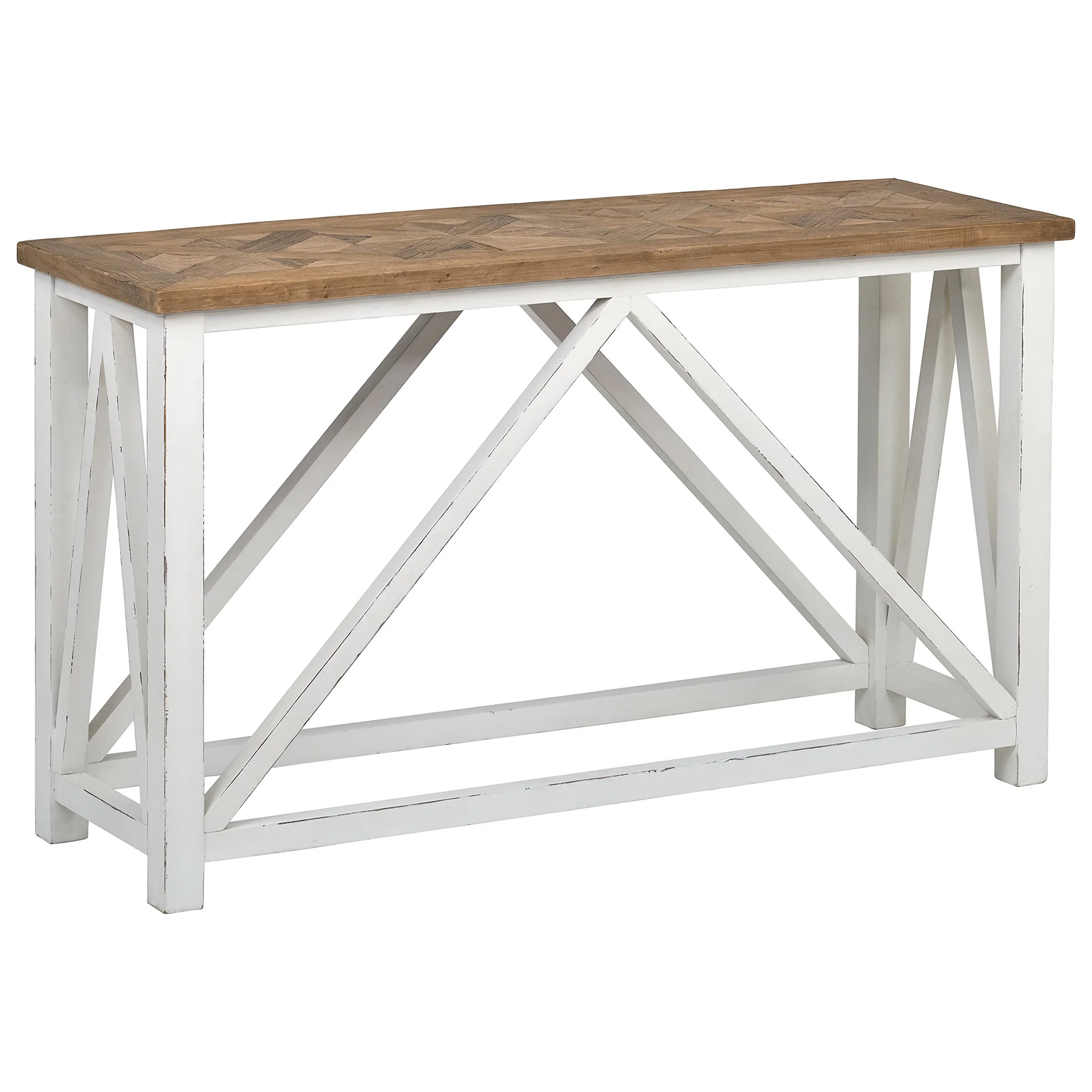 Rustic Farmhouse Console Table with Parquet Elm Top and White Base