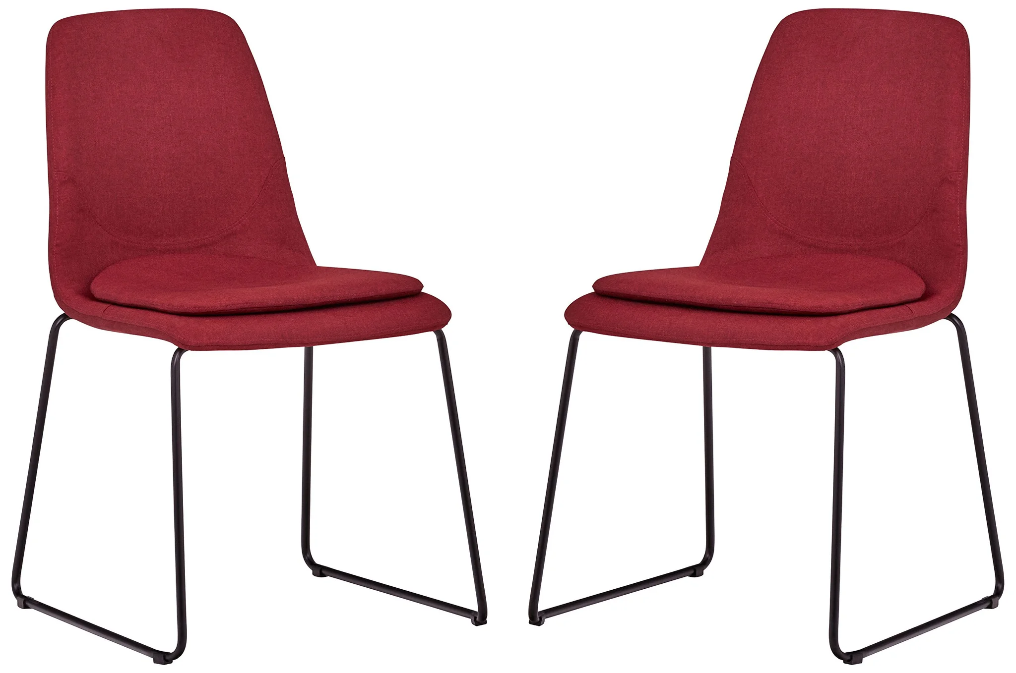 Mid-Century Modern Upholstered Dining Chair Set – Red Fabric with Black Metal Sled Legs