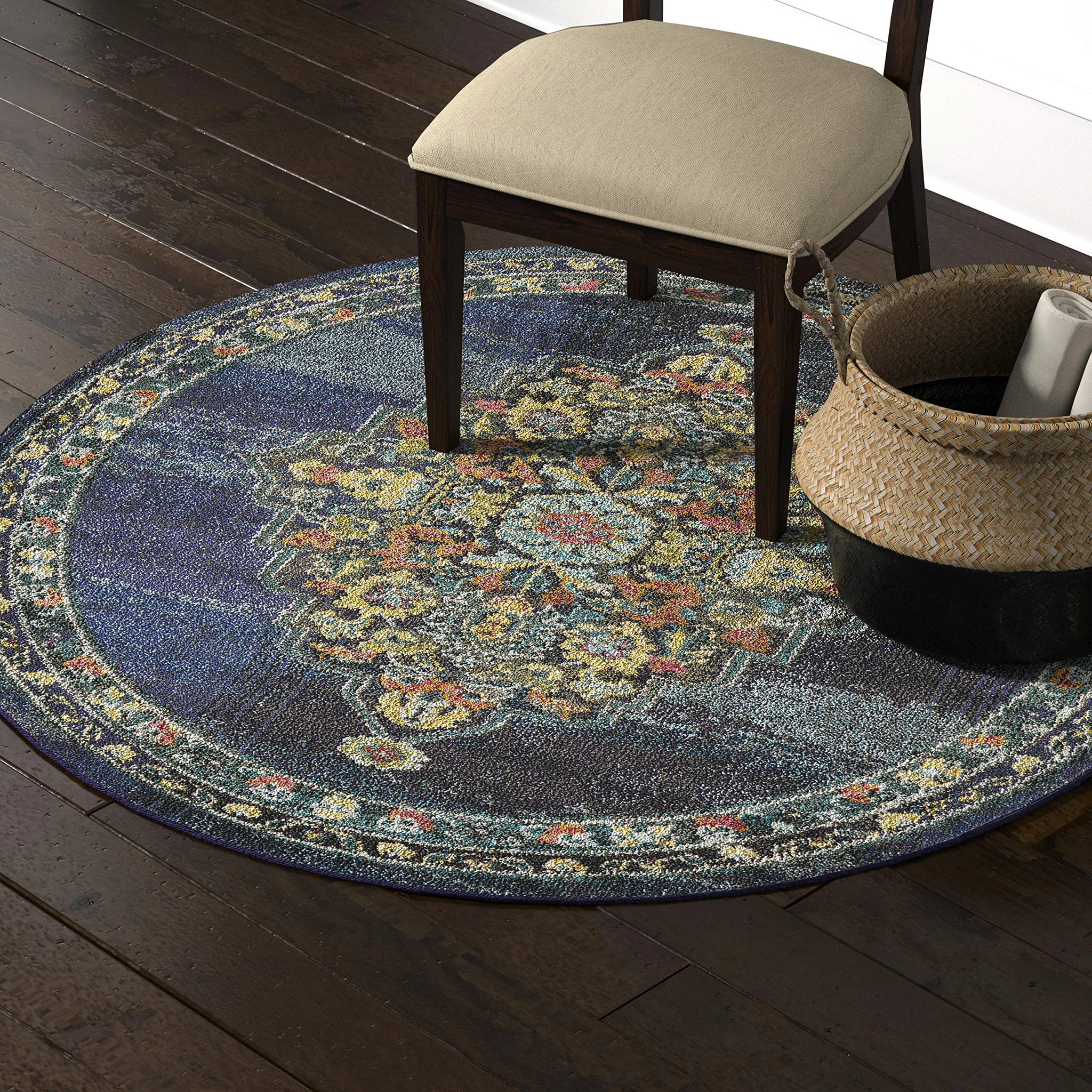 Round Bohemian Floral Area Rug – Navy Blue Traditional Pattern