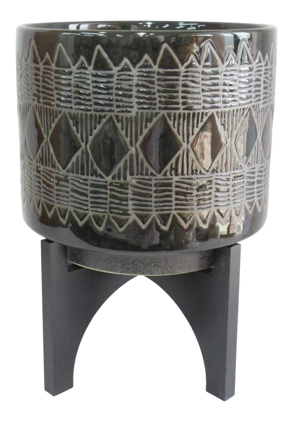Ceramic Stoneware Planter with Geometric Pattern and Black Wood Stand