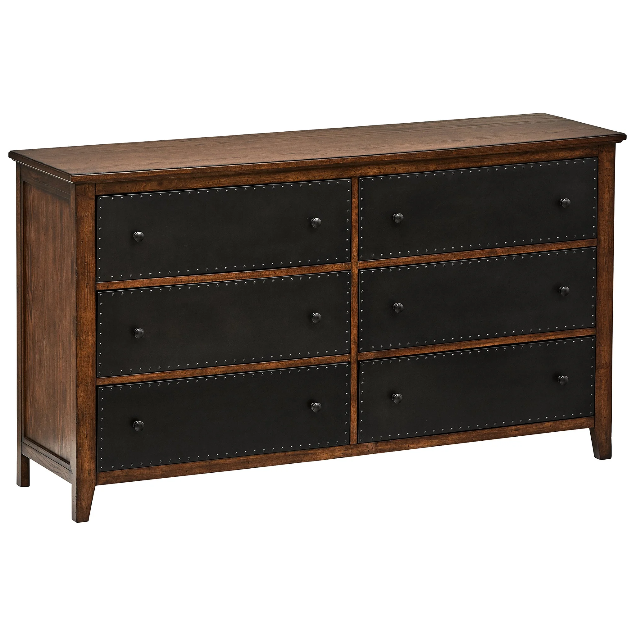 Rustic Wood & Leather 6-Drawer Double Dresser with Nailhead Trim