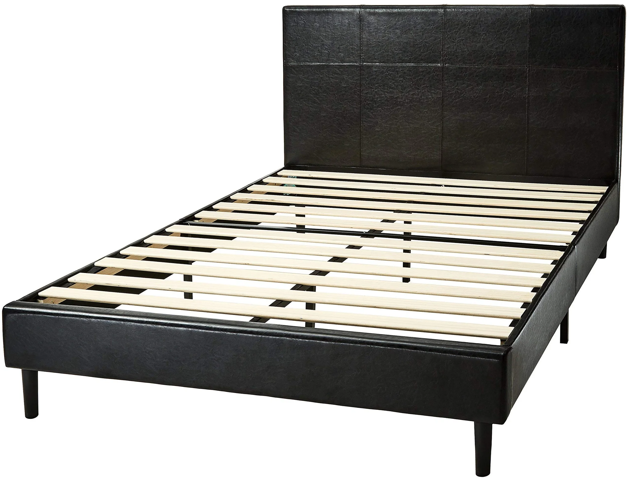 Black Faux Leather Platform Bed Frame with Wooden Slats