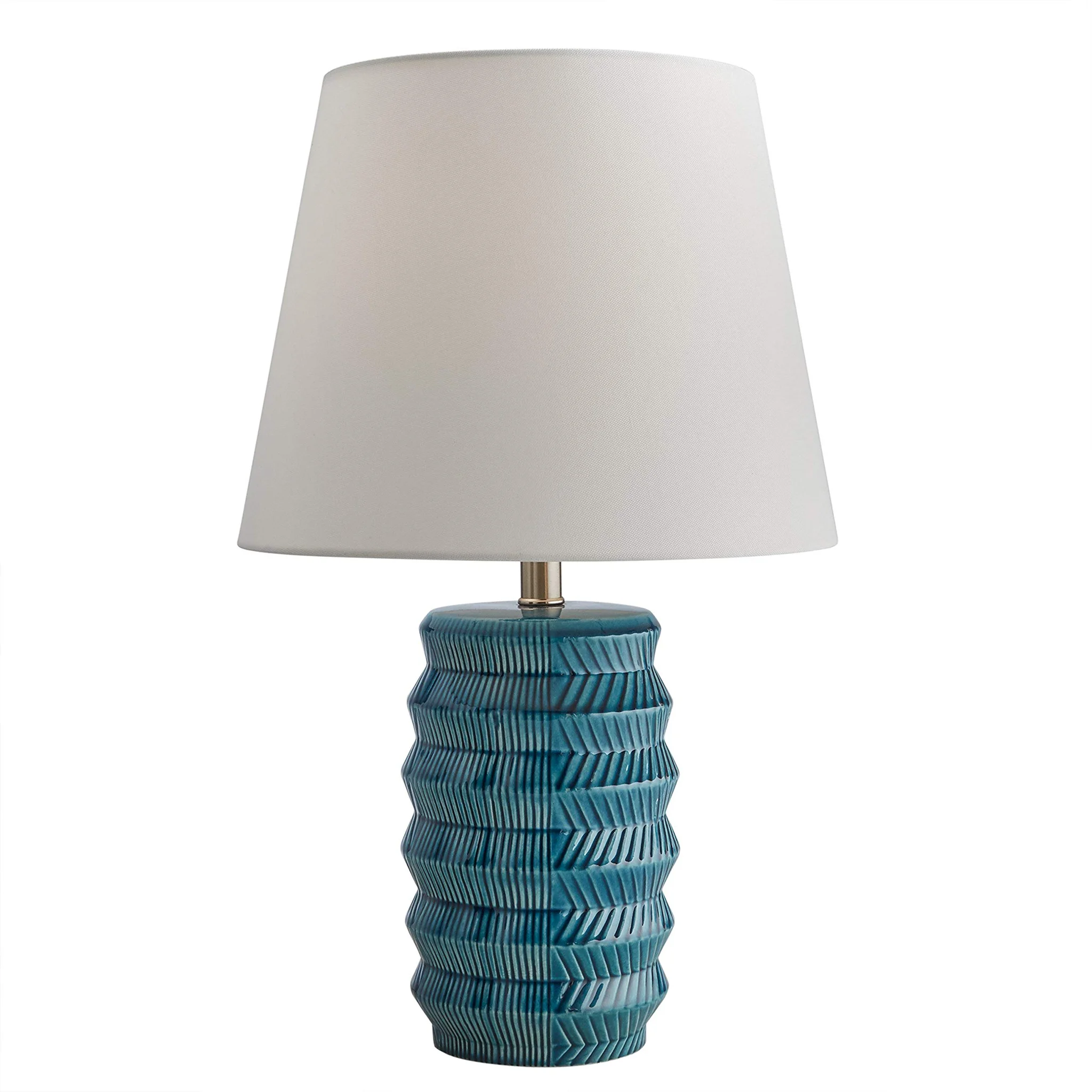 Teal Ceramic Table Lamp with Geometric Chevron Base and White Linen Shade