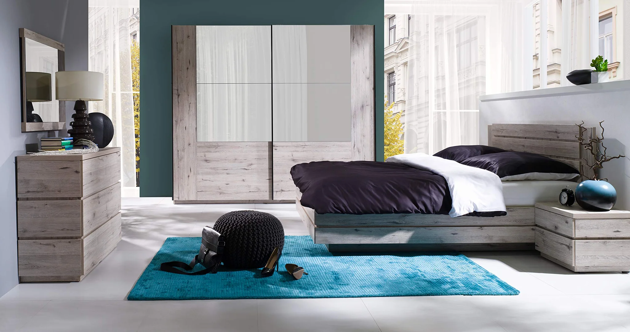 Modern Scandinavian Bedroom Furniture Set with Wardrobe, Bed & Dresser