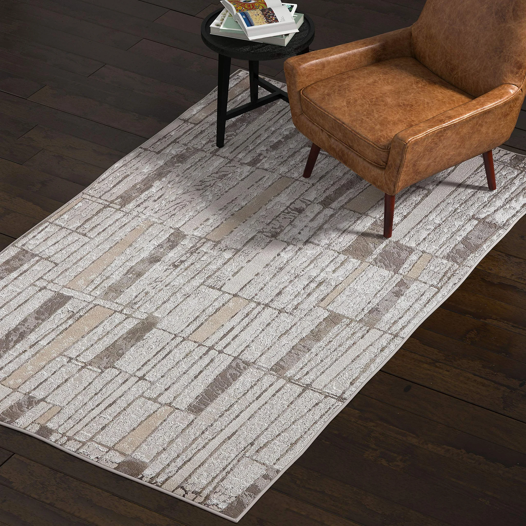 Contemporary Geometric Area Rug – Silver Grey White Textured Pattern