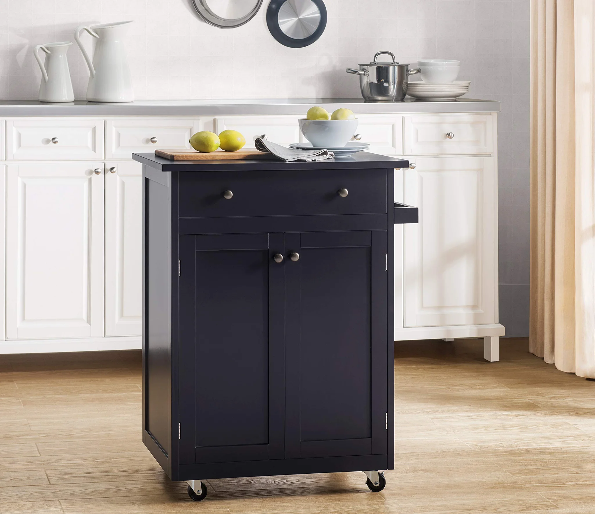 Black Rolling Kitchen Cart with Storage Cabinet and Drawer