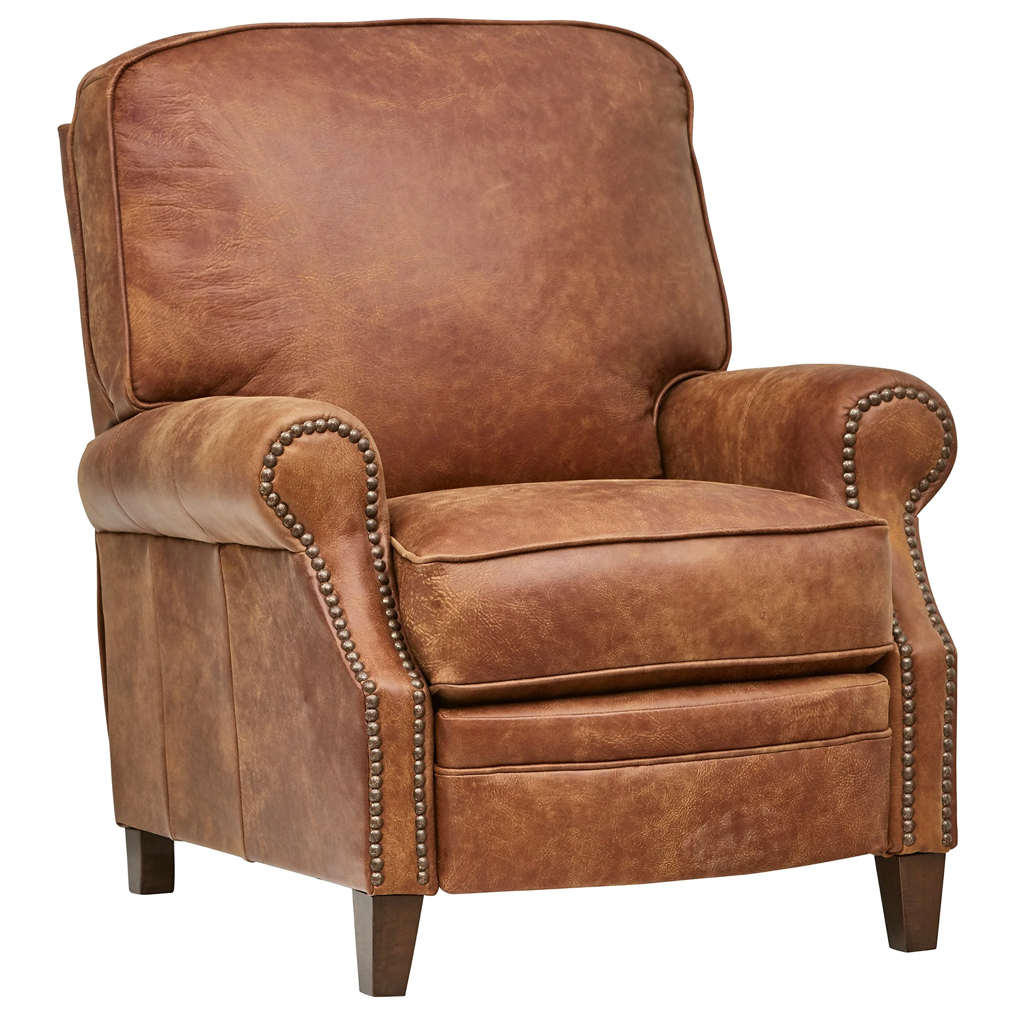 Saddle Brown Leather Recliner Armchair with Nailhead Trim