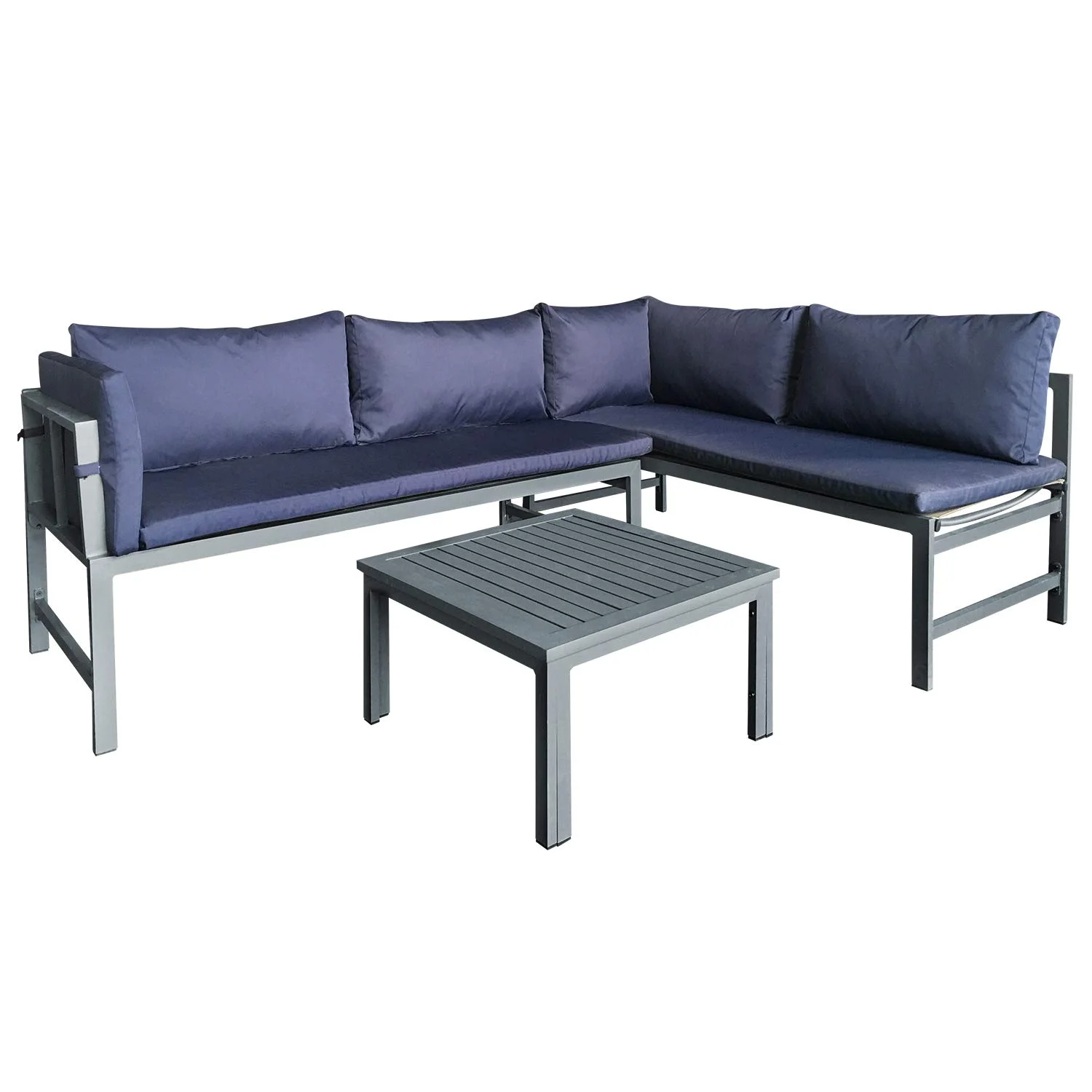 Outdoor L-Shaped Sectional Sofa Set with Coffee Table – Navy Blue